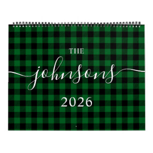 Forest Green Buffalo Plaid Script Name Photo Calendar