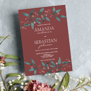Forest green burgundy berries floral Wedding Invitation