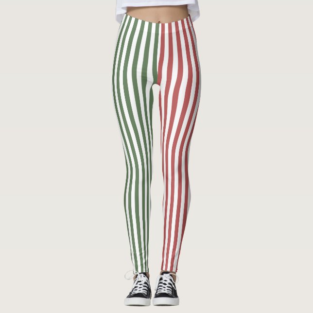 Forest Green & Burgundy Stripes Pattern Leggings (Front)