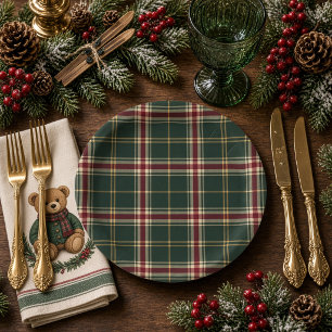 Forest Green Burgundy Tartan Ski Lodge Birthday Paper Plate