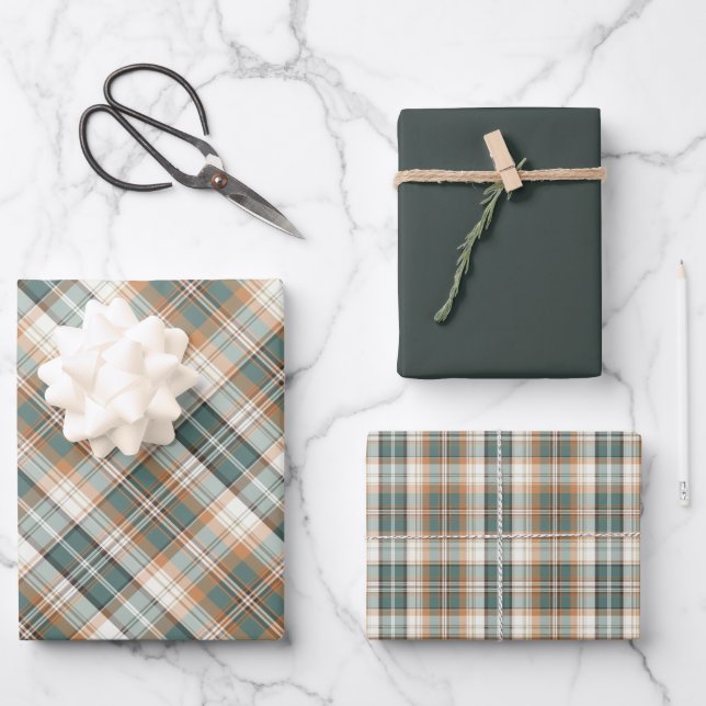 Forest Green, Burnt Orange, Dusty Sage... Plaid Wrapping Paper Sheet (Front)