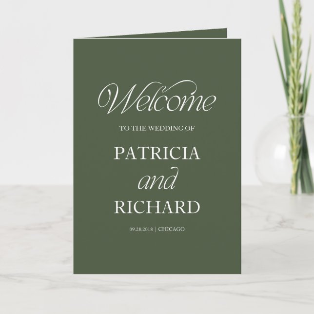Forest Green Calligraphy Wedding Folded Program (Front)