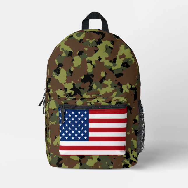 Forest Green Camo American Flag Printed Backpack (Front)
