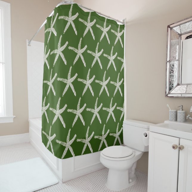 Forest Green Coral Starfish Pattern Nautical Beach Shower Curtain (In Situ)