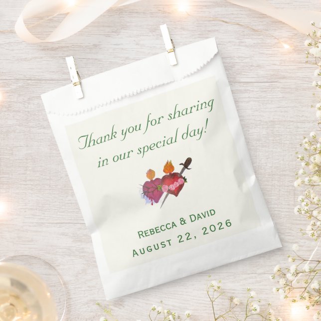 Forest-Green & Cream Two Hearts Catholic Wedding Favour Bag (Clipped)