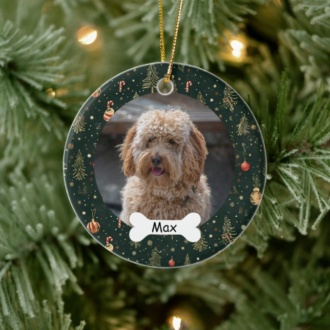 Forest Green Custom Pet Puppy Dog Photo Ceramic Ornament (Tree)