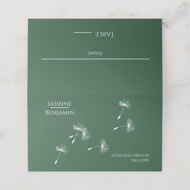 Forest Green Dandelion Wedding Table Place Card (Outside Unfolded)