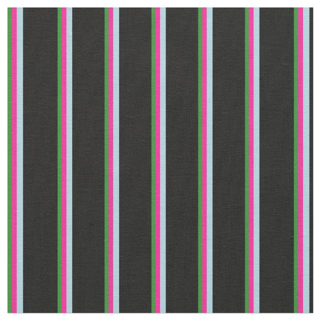 Forest Green, Deep Pink, Light Blue & Black Lines Fabric (Close Up)
