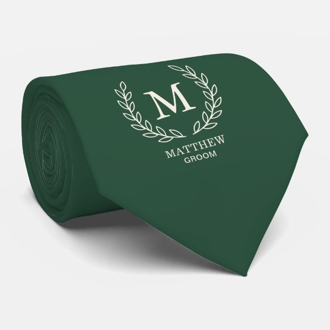 Forest Green Elegant Laurel Groom Initial Monogram Tie (Rolled)