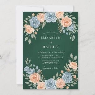 Forest Green Elegant Peach Rose Wedding Invitation