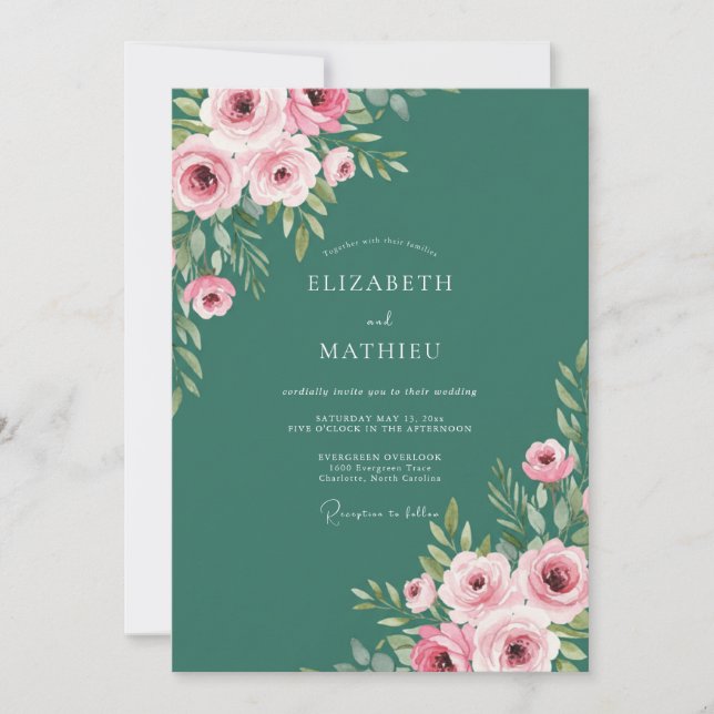 Forest Green Elegant Rose Wedding Invitation (Front)