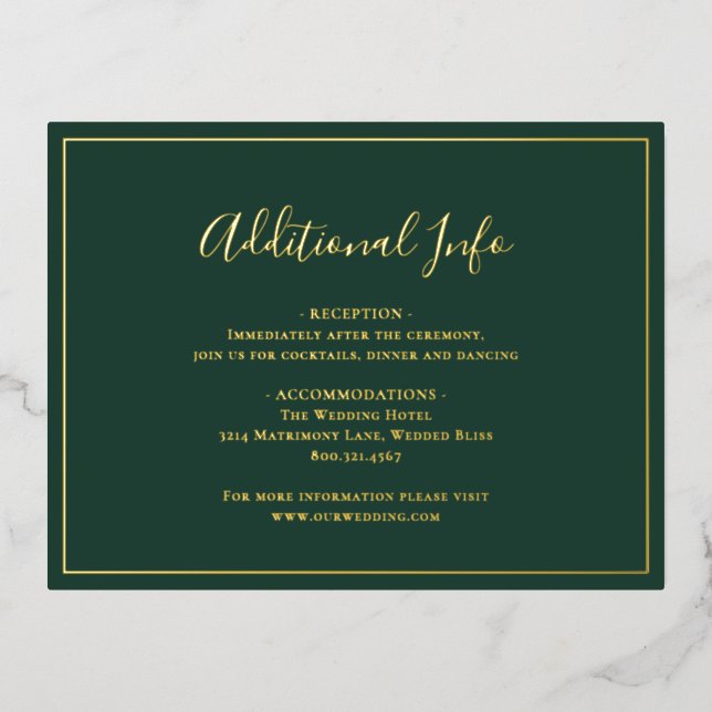 Forest Green Elegant Wedding Foil Enclosure Card (Front)
