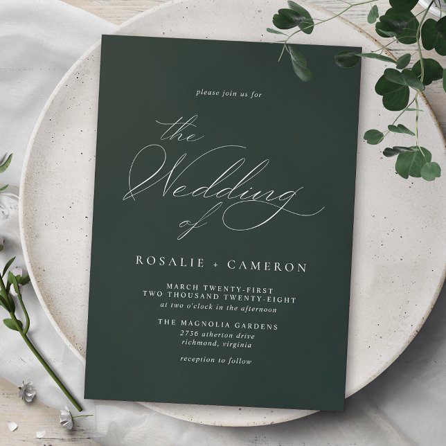 Forest Green Emerald | Delicate Script Wedding Invitation (Creator Uploaded)