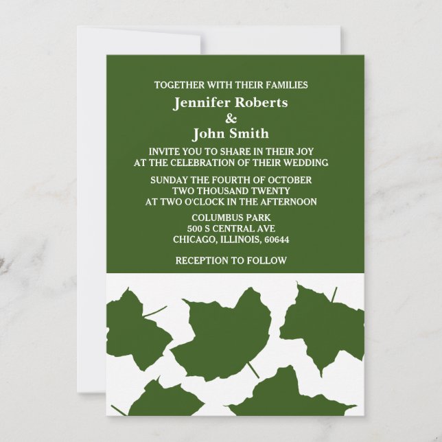 Forest Green Fall Leaf White Boho Colourful Weddin Invitation (Front)
