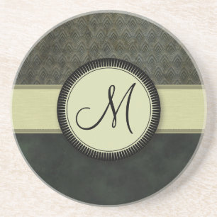 Forest Green Feather Pattern with Monogram Coaster