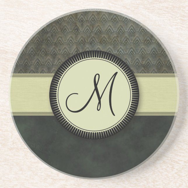 Forest Green Feather Pattern with Monogram Coaster (Front)