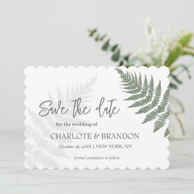 Forest Green Ferns Outdoor Wedding  Save The Date (Standing Front)