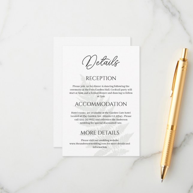 Forest Green Ferns Wedding Details Enclosure Card (Front/Back In Situ)