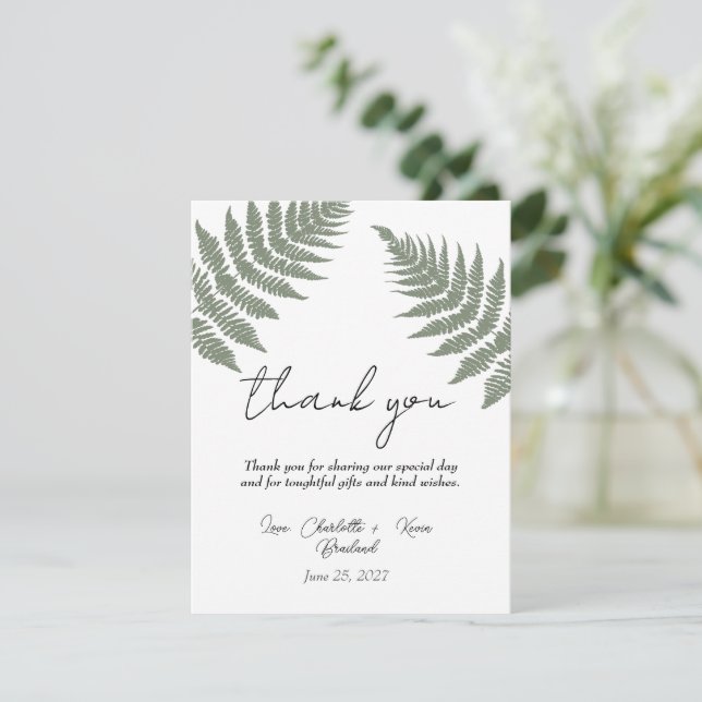 Forest Green Ferns Wedding Thank You  Card (Standing Front)