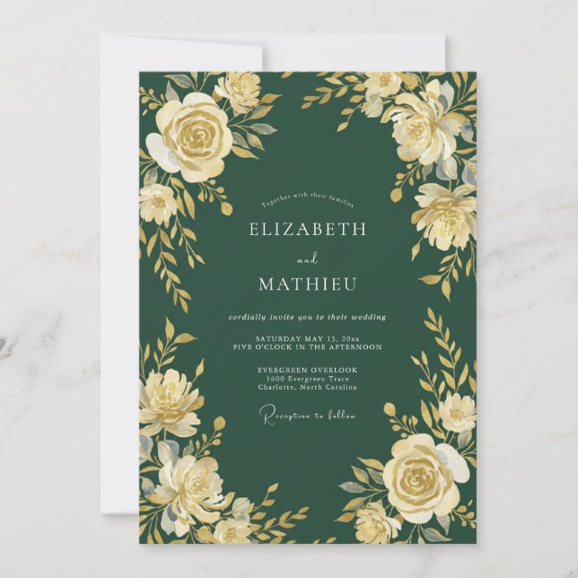 Forest Green Floral Flourish Wedding Invitation (Front)