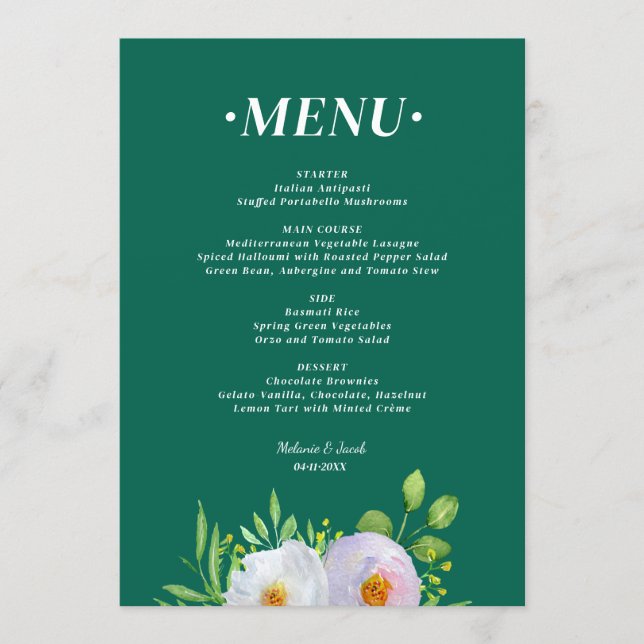 Forest Green Floral Printable Wedding menu  (Front)