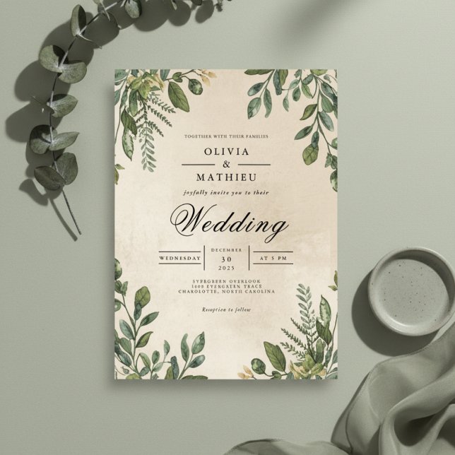 Forest Green Foliage Frame Wedding Invitation (Creator Uploaded)