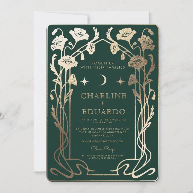 Forest Green & Gold Art Nouveau Photo Wedding  Invitation (Front)