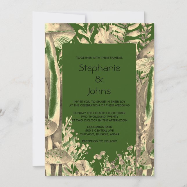 Forest Green Gold Artsy Mushroom Woodland Wedding Invitation (Front)