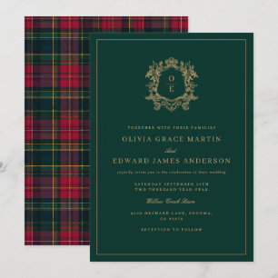 Forest Green Gold Crest Monogram Tartan Winter Invitation