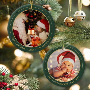 Forest Green Gold Family First Christmas Photo Ceramic Ornament