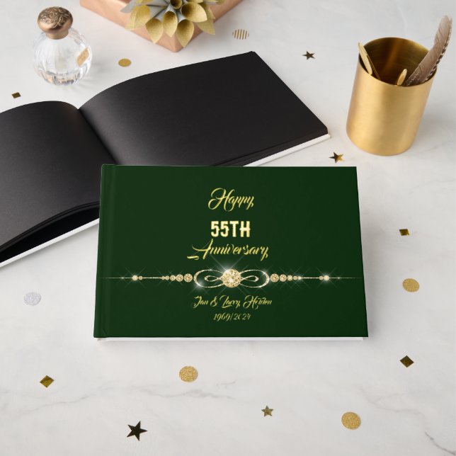 Forest Green Gold Foil Anniversary  Guest Book (Front Open)