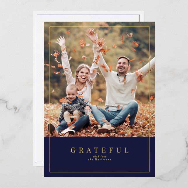 Forest green gold foil Thanksgiving family photo  Holiday Card (Front/Back)