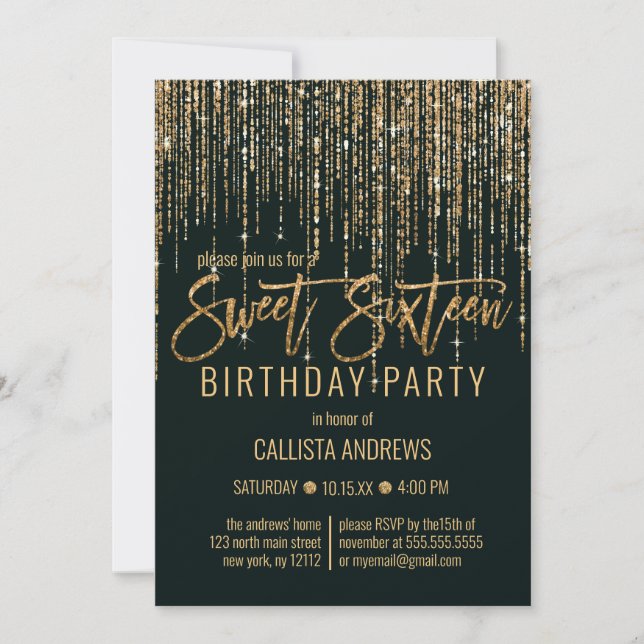 Forest Green Gold Glitter Fringe Curtain Sweet 16 Invitation (Front)