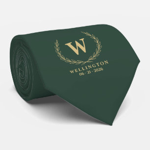 Forest Green Gold Laurel Monogram Wedding Date Tie