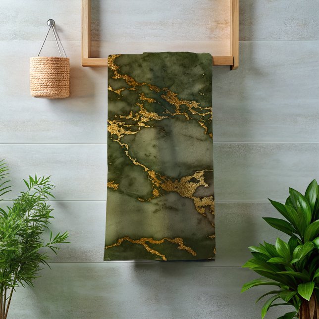 Forest Green Gold Marble Stone Rock Metallic Bath Towel Set (Creator Uploaded)