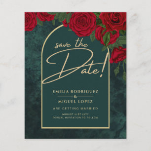 Forest Green Gold RED Roses Winter SAVE THE DATE Flyer