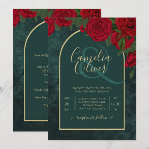 Forest Green Gold RED Roses Winter Wedding Invitation