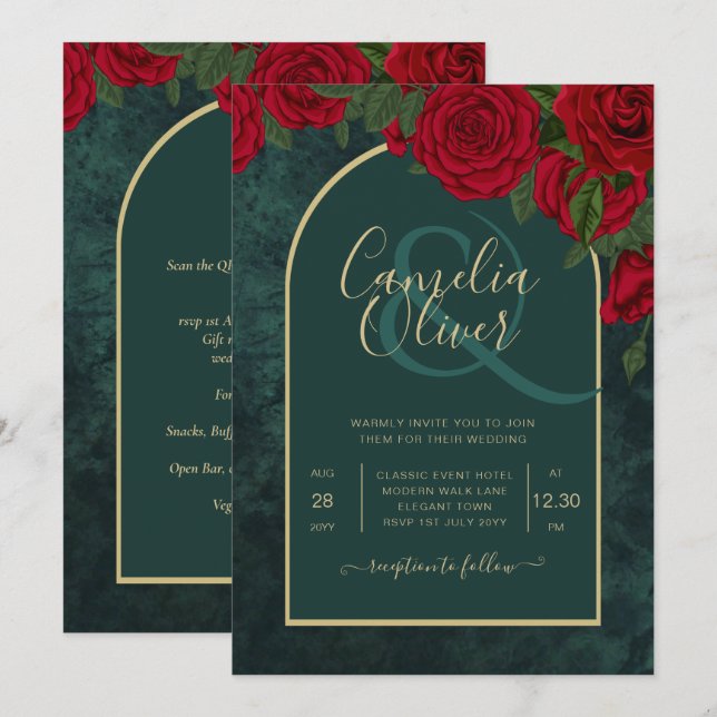 Forest Green Gold RED Roses Winter Wedding Invitation (Front/Back)