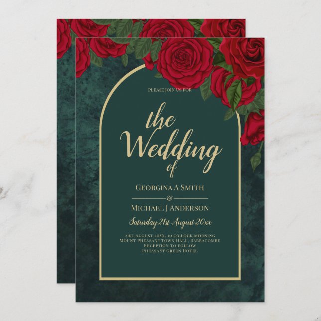Forest Green Gold RED Roses Winter Wedding Invitation (Front/Back)