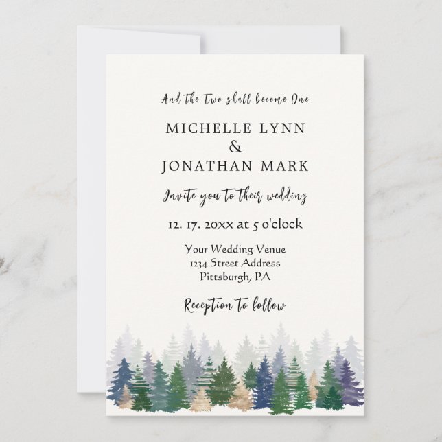 Forest Green Gold Trees Minimal Christian Wedding Invitation (Front)