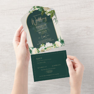 Forest Green Gold White Roses Winter Wedding All In One Invitation