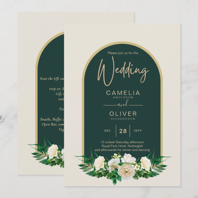 Forest Green Gold White Roses Winter Wedding Invitation (Front/Back)