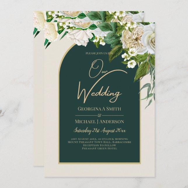Forest Green Gold White Roses Winter Wedding Invitation (Front/Back)