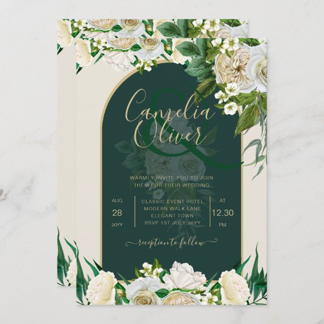 Forest Green Gold White Roses Winter Wedding Invitation (Front/Back)