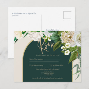 Forest Green Gold White Roses Winter Wedding RSVP Postcard