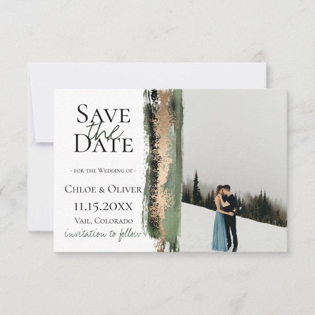Forest Green Golden Brush Photo Save The Date Announcement (Front)