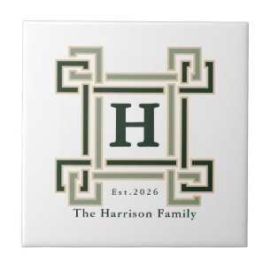 Forest Green Greek Key Monogram Family Crest Ceramic Tile