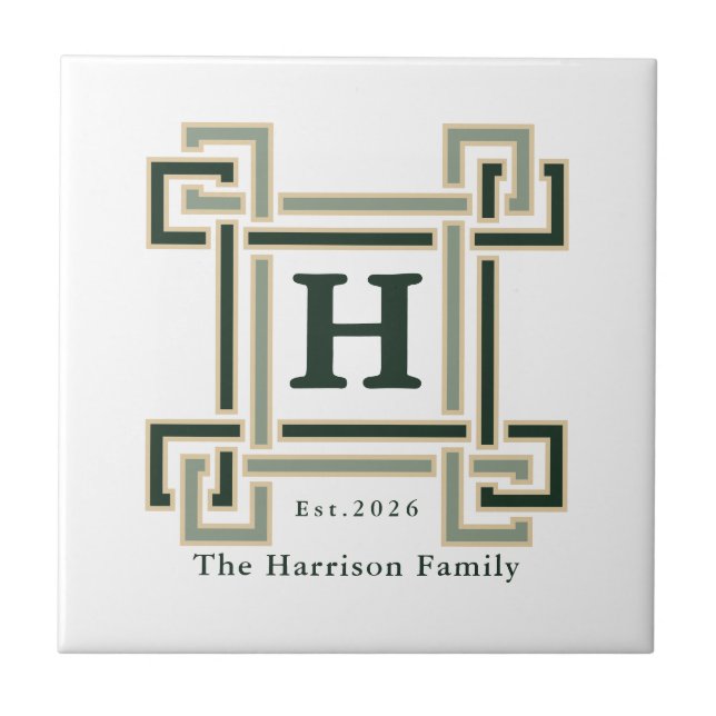 Forest Green Greek Key Monogram Family Crest Ceramic Tile (Front)