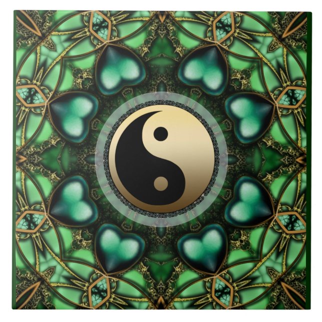 Forest Green Hearts Gold Yin Yang Ceramic Tile (Front)