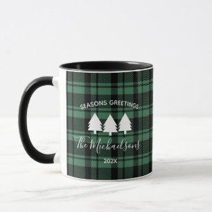 Forest Green Holiday Plaid Monogram Name Coffee Mug